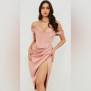 House of CB LORETTA SATIN OFF SHOULDER DRESS- S